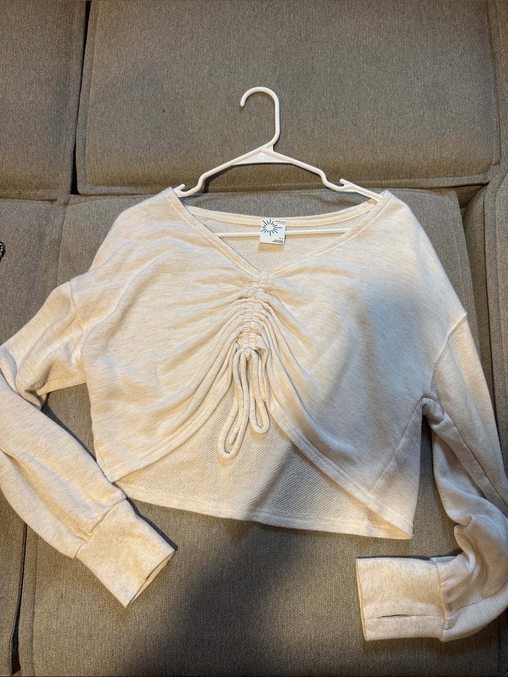 aerie Light Cream Ruched Drawstring V‑Neck Long Sleeve Crop Top